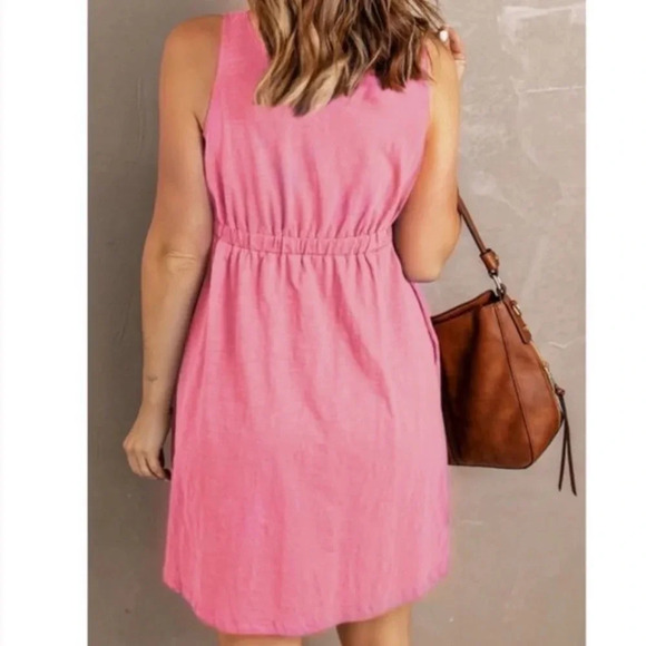 Pink Button Front Mini Dress | Sleeveless Casual Summer Dress - Picture 2 of 4